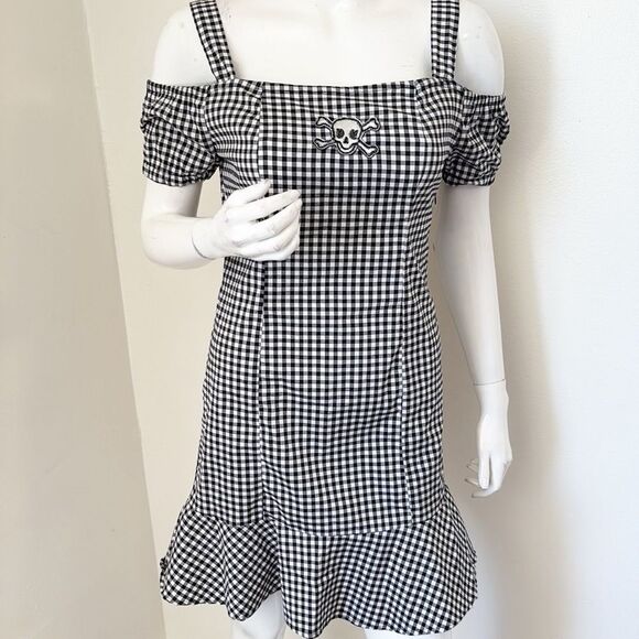 New Look Black White Checkered Off Shoulder Mini Dress Ruffled Hem Skull Detail - Picture 1 of 6